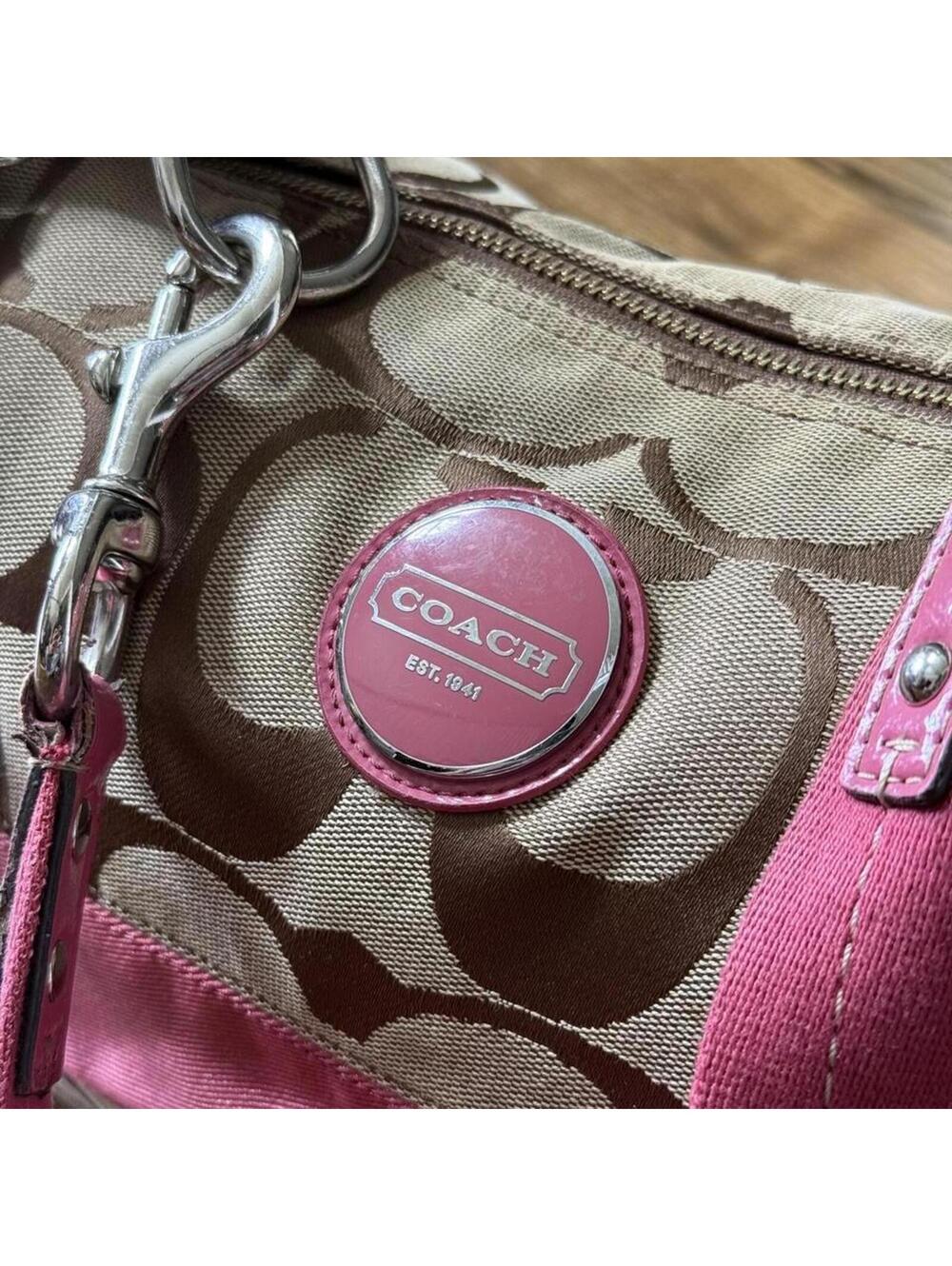 💖👜 Coach Signature Stripe Shoulder Bag Y2K Pink Canvas Purse - Picture 2 of 8